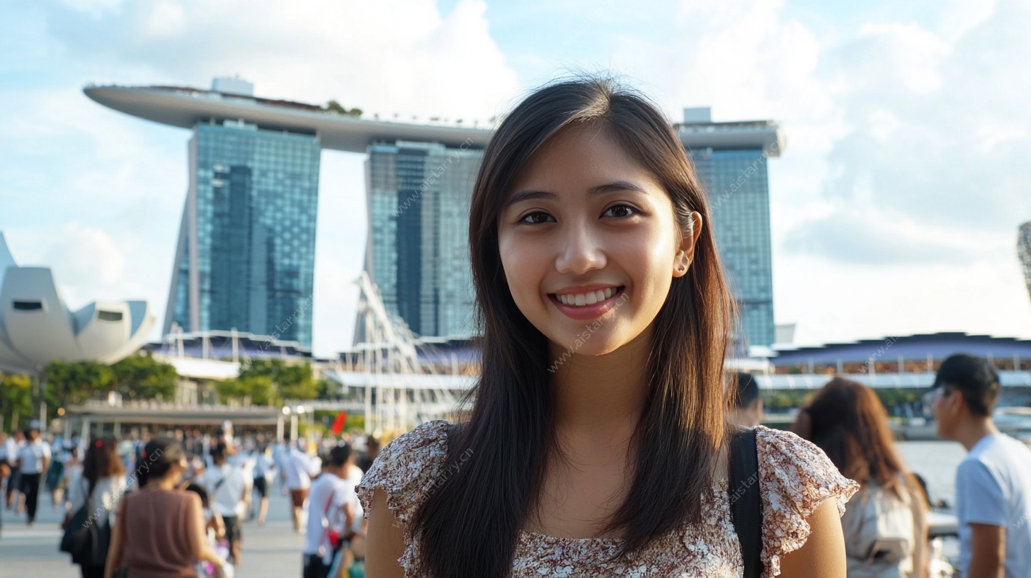 新加坡景点前的微笑女孩