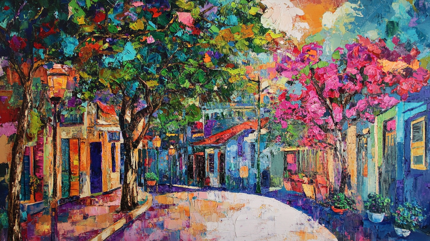 彩色梦幻街道风景油画