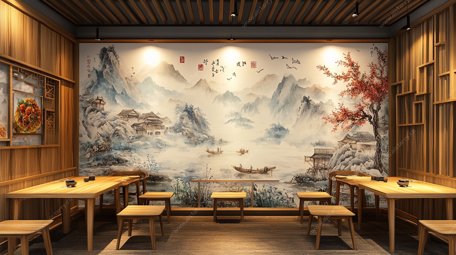 中式山水风餐厅室内场景