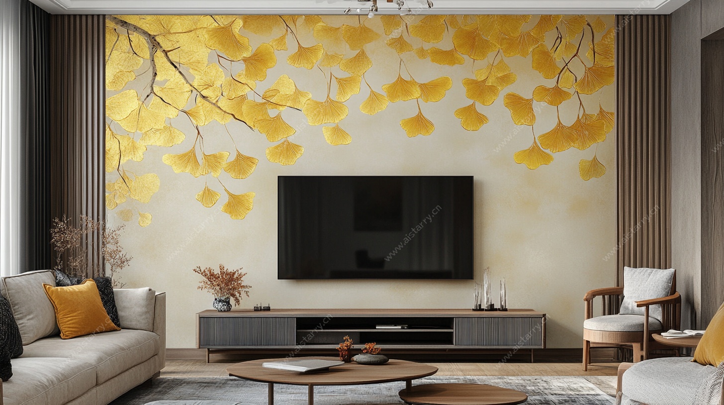 银杏叶背景墙的温馨客厅
