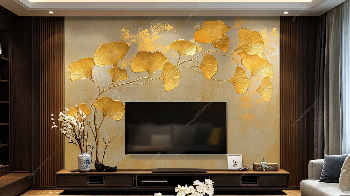 银杏叶电视背景墙客厅图