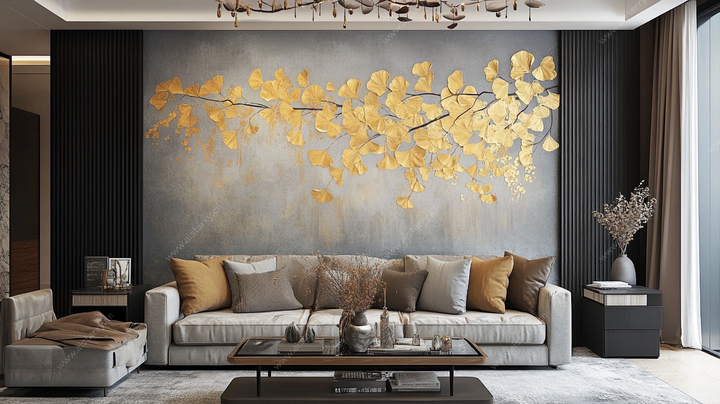 现代客厅银杏叶艺术背景墙