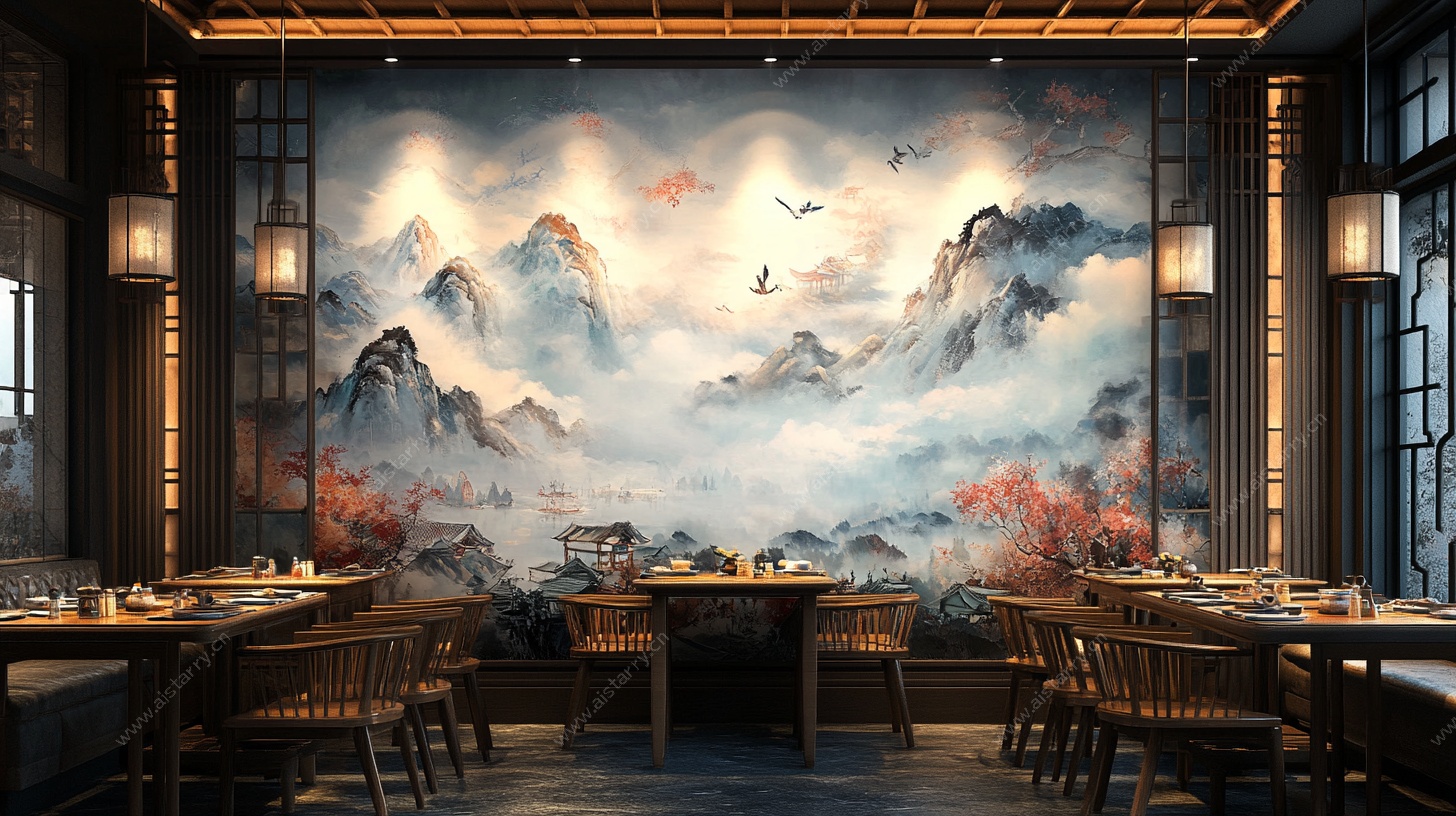 中式餐厅的山水壁画空间