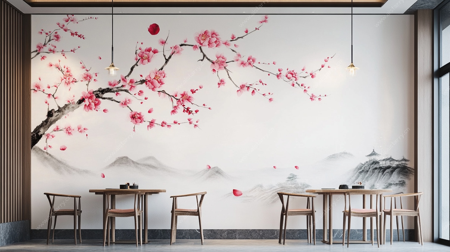 中式茶室梅花山水背景墙