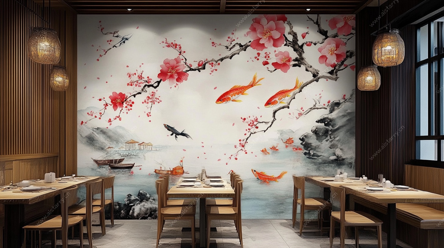 中式餐厅锦鲤花鸟背景墙