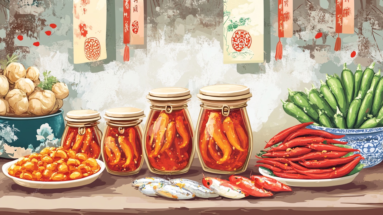 罐装腌菜与新鲜蔬菜陈列