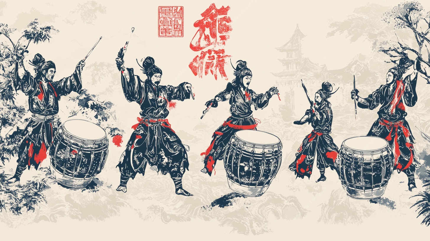 水墨风中国传统击鼓表演