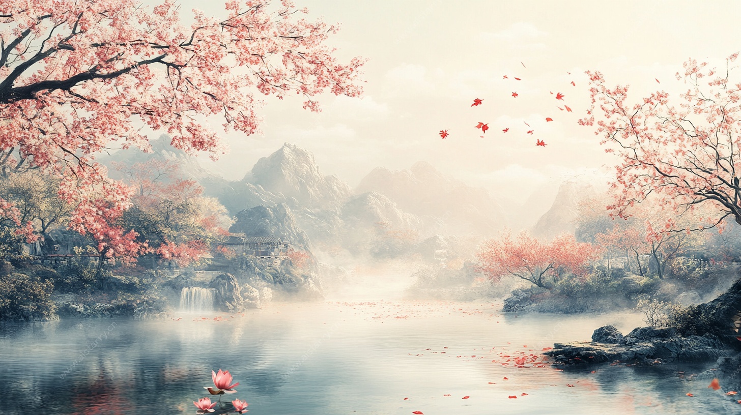 春日山水桃花诗意画卷