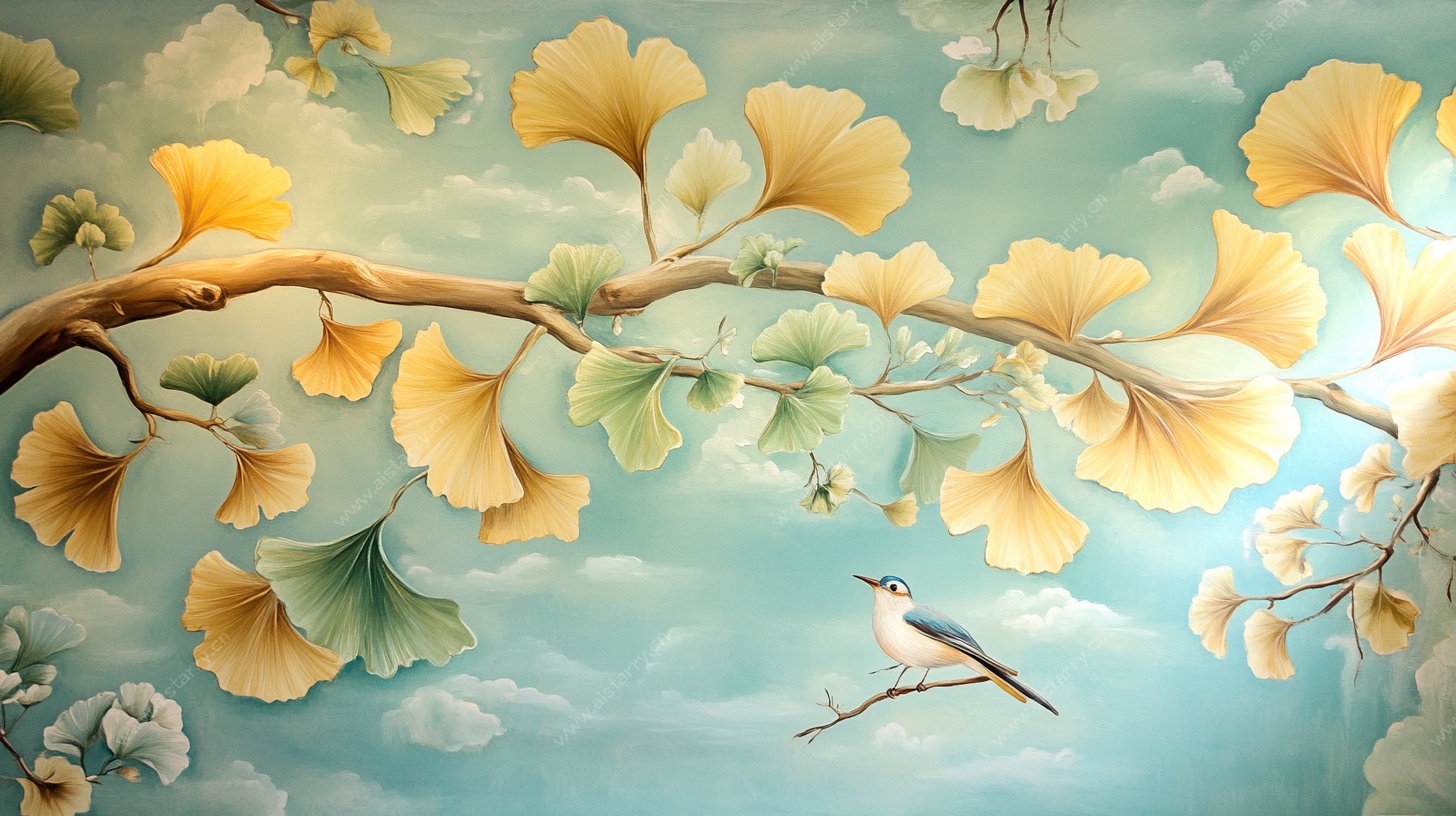 银杏枝上飞鸟梦幻壁画
