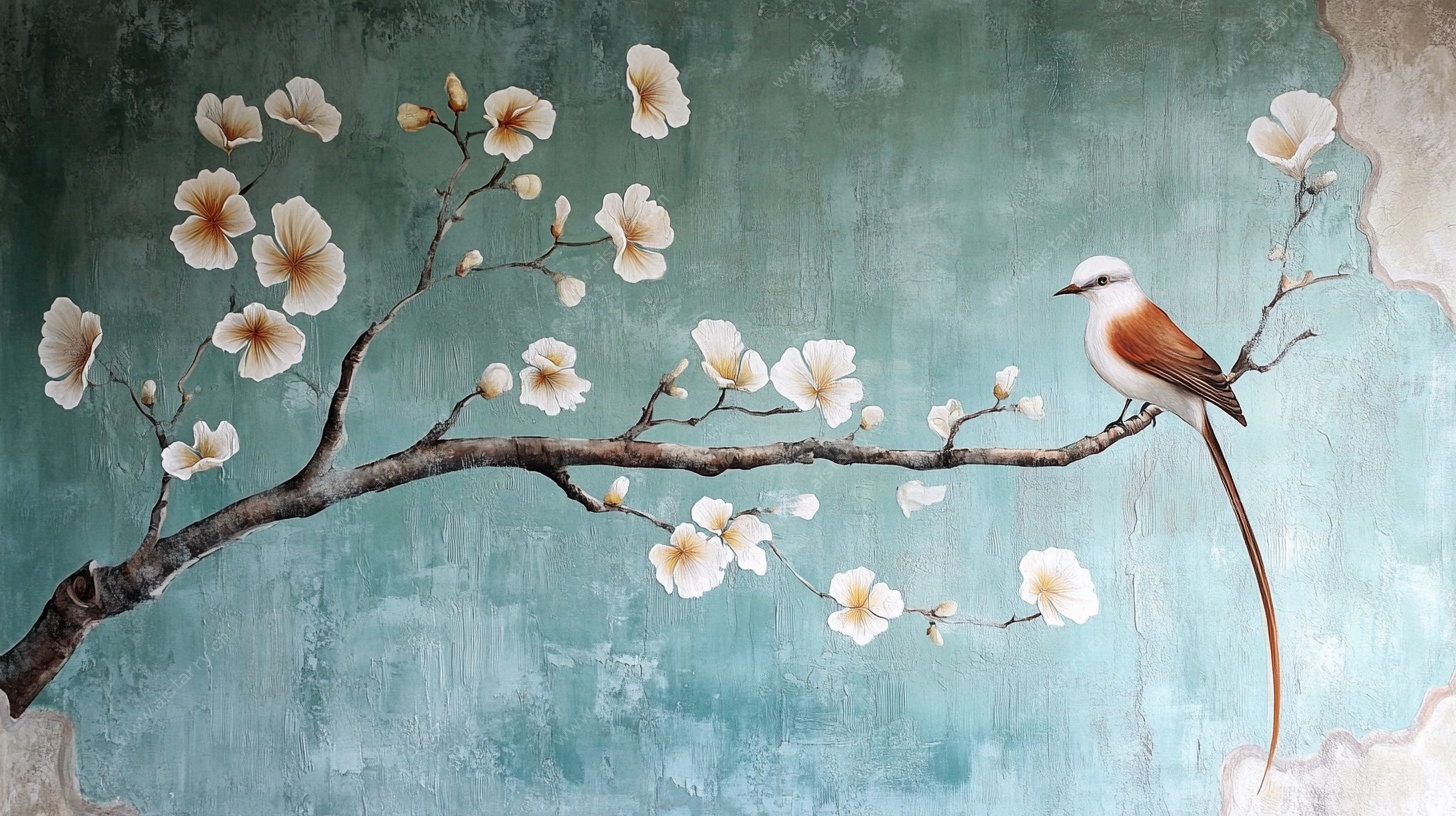 花鸟图 枝头鸟与绽放繁花