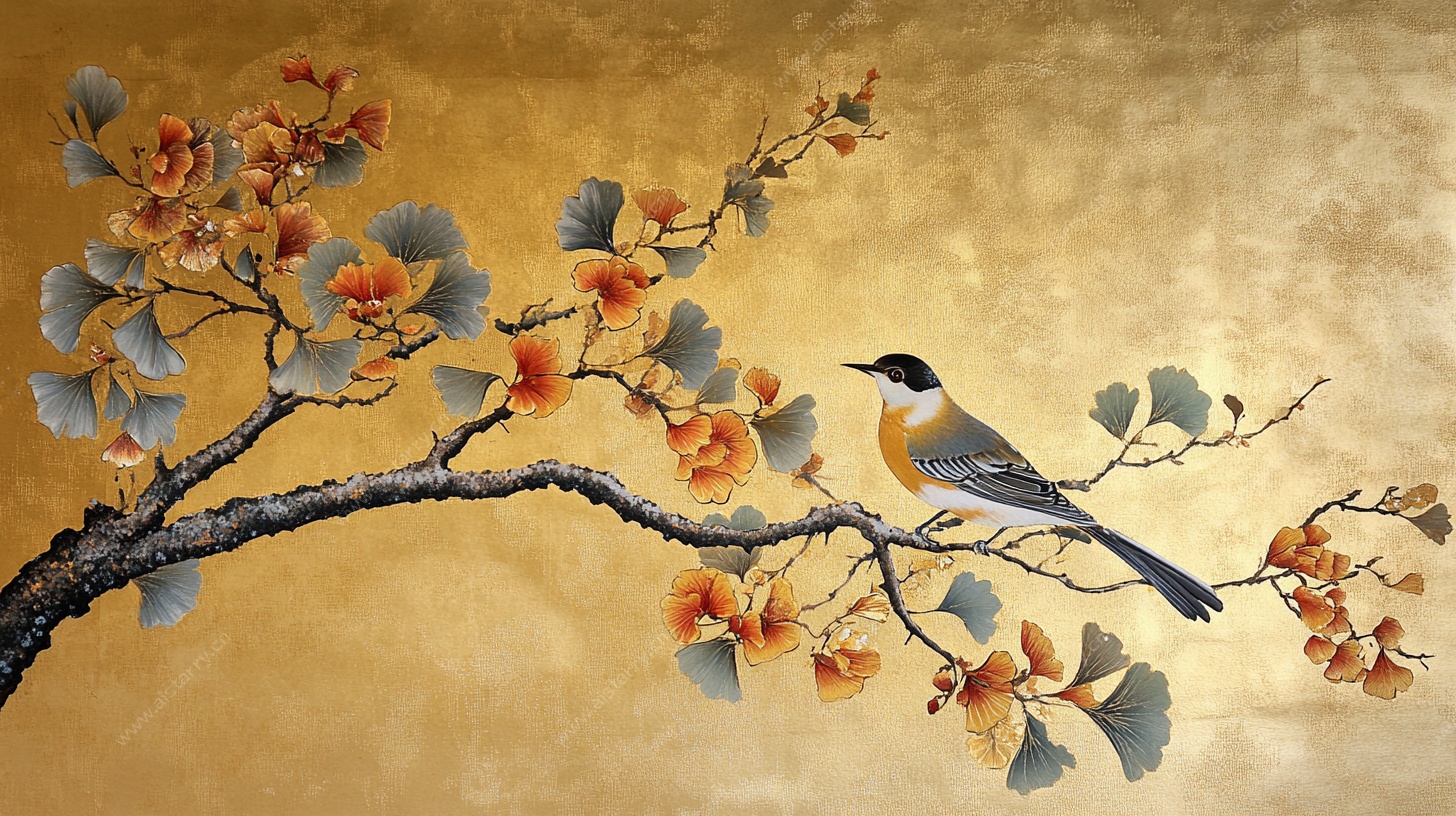 枝头栖鸟中式花鸟画