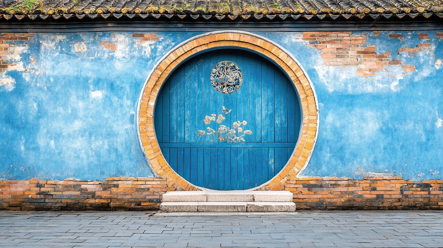 中式蓝墙圆门古典景致