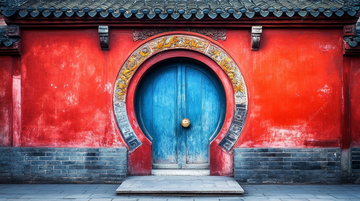 中式红墙蓝圆门古建筑