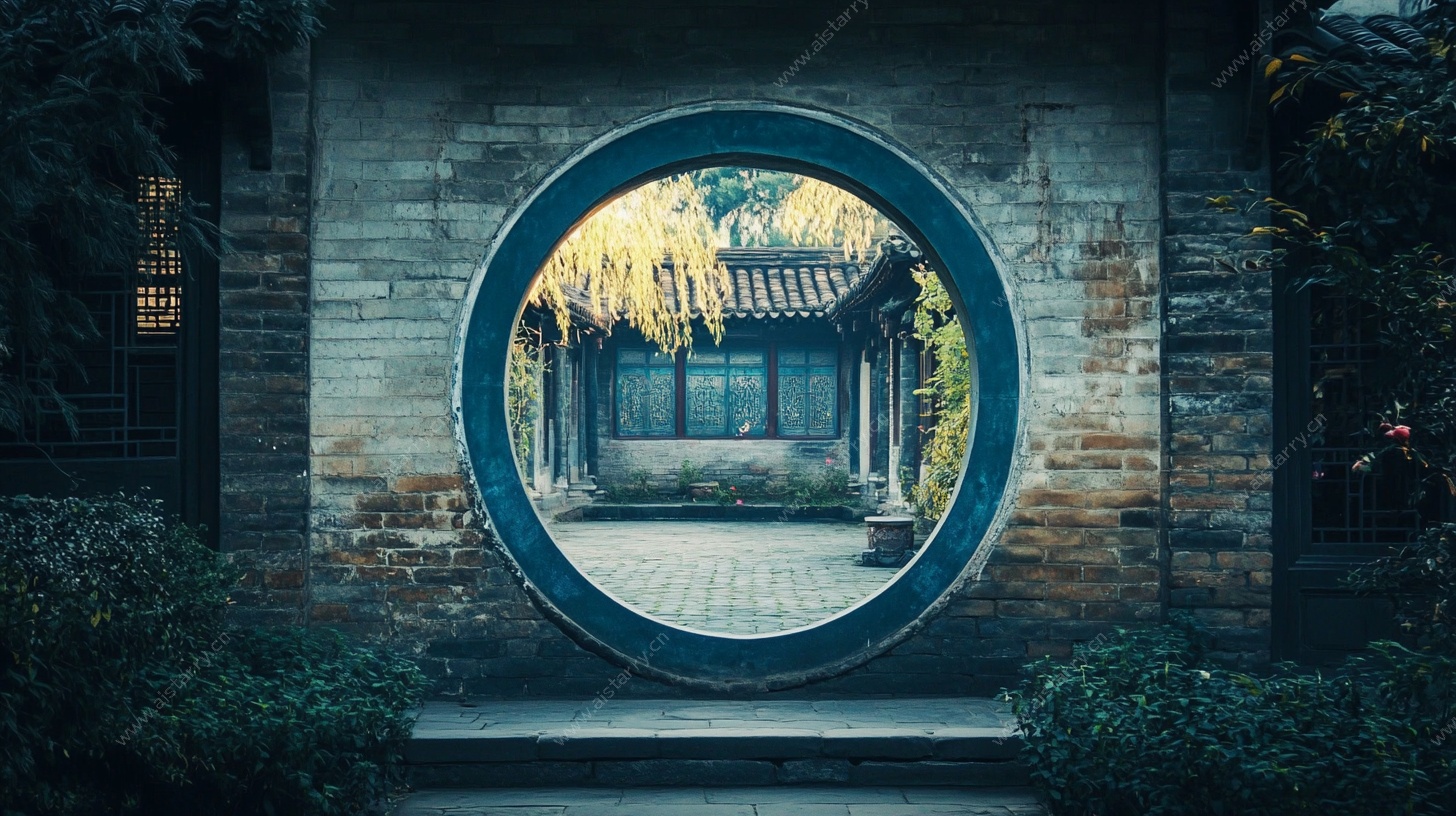 中式圆门后的古典庭院