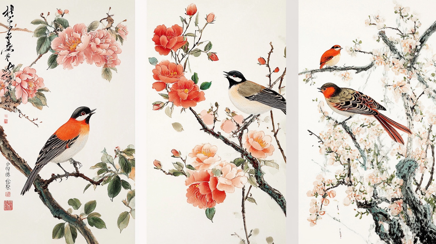 花鸟三联国画
