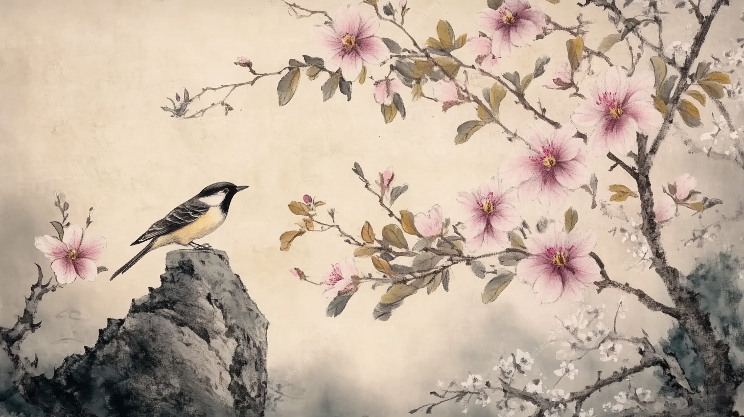 花鸟图绘 鸟栖繁花山石间
