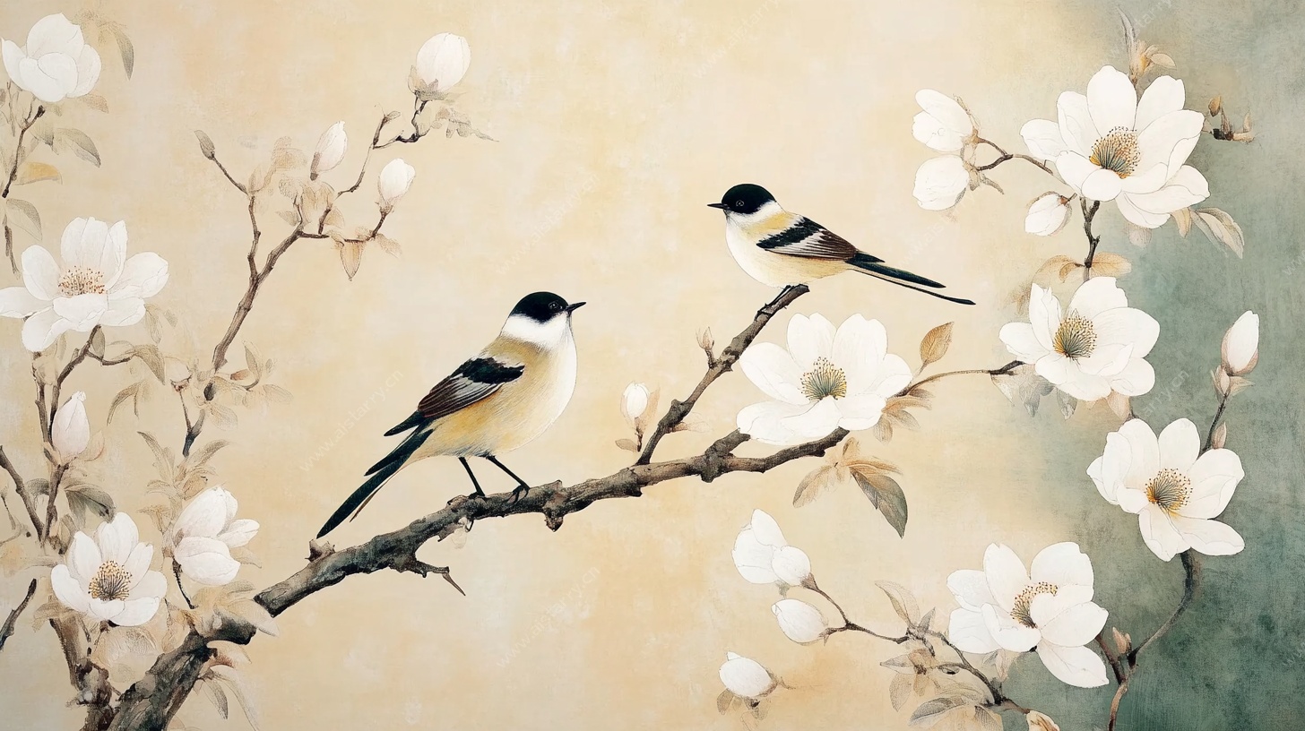 双鸟栖花图