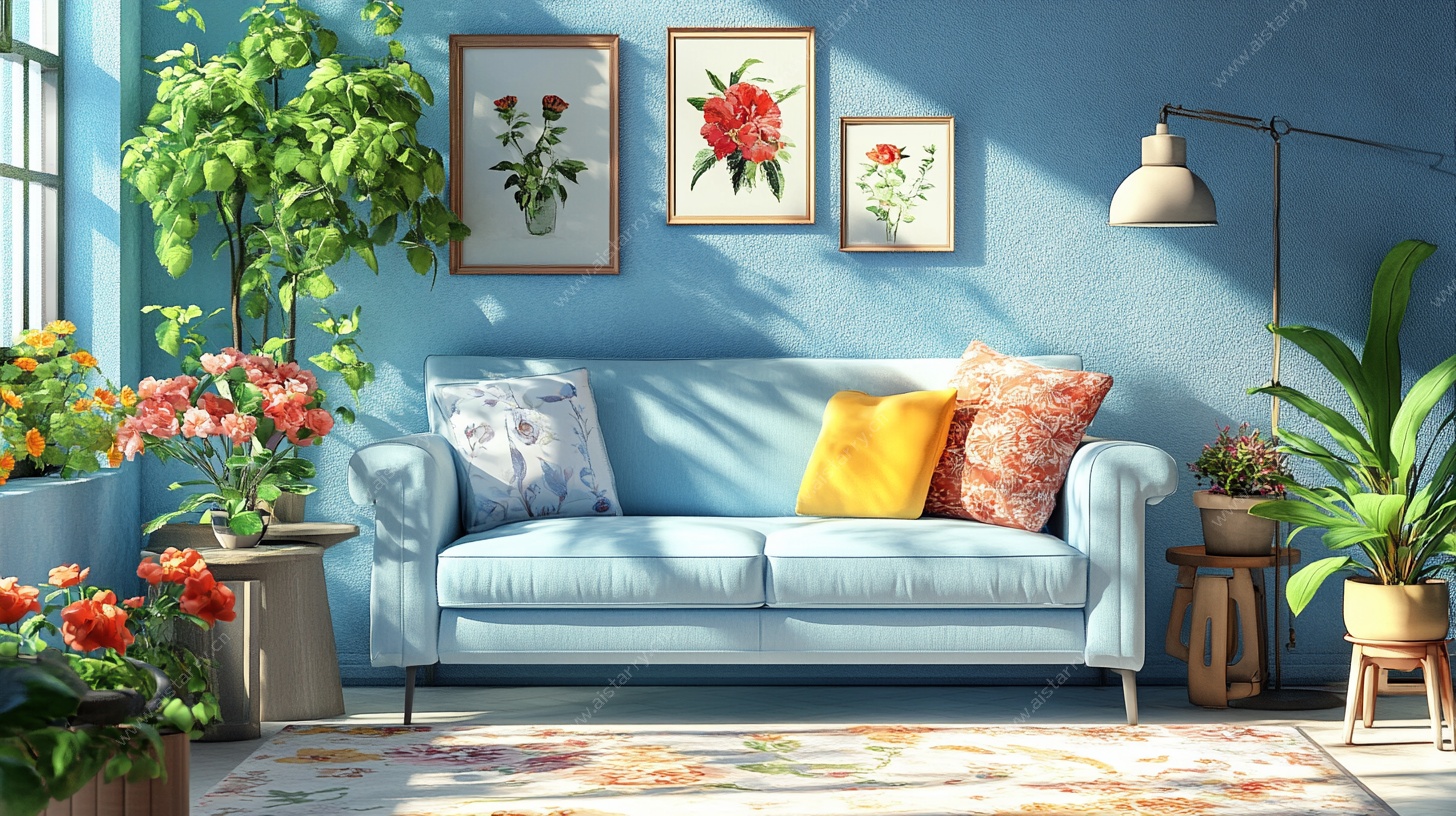 蓝色客厅的清新绿植装饰