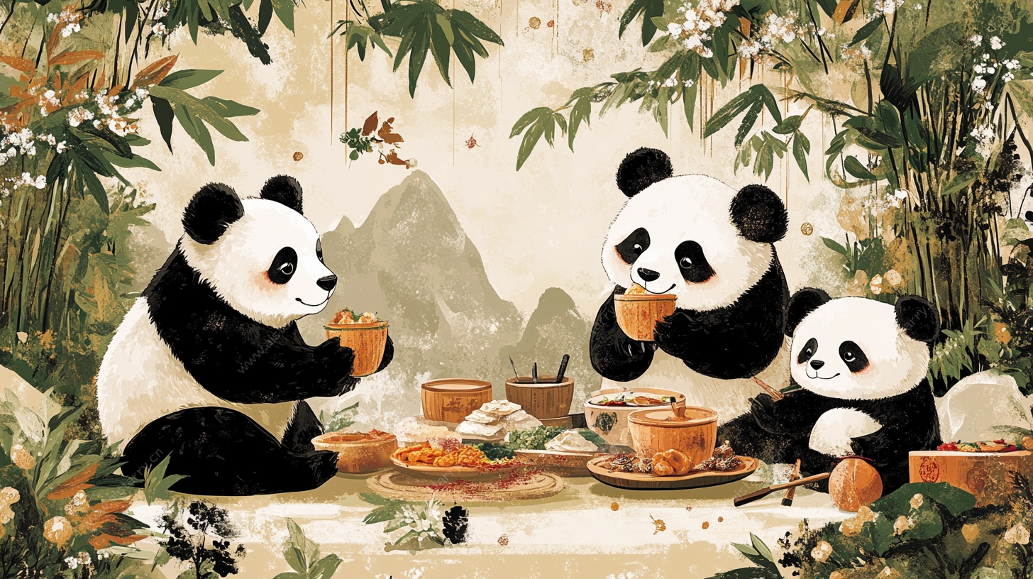 熊猫惬意享中式茶点时光