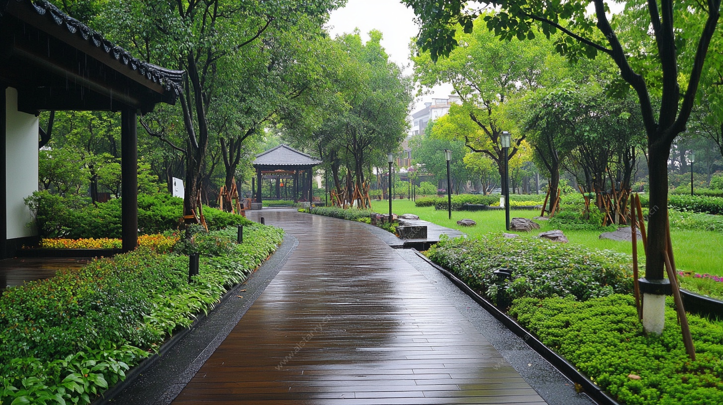 雨后园林小道景色宜人