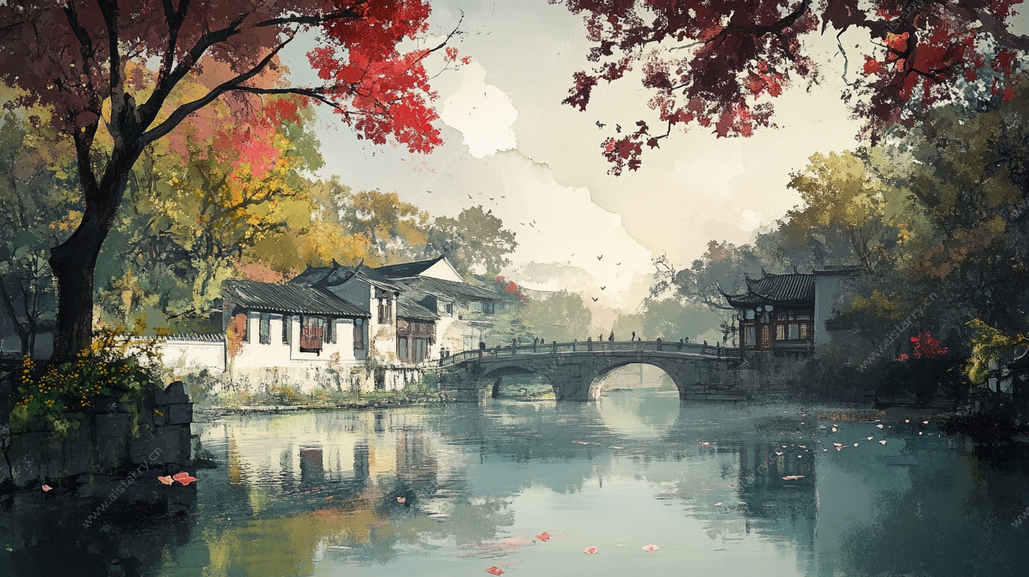 秋日中式园林湖景图