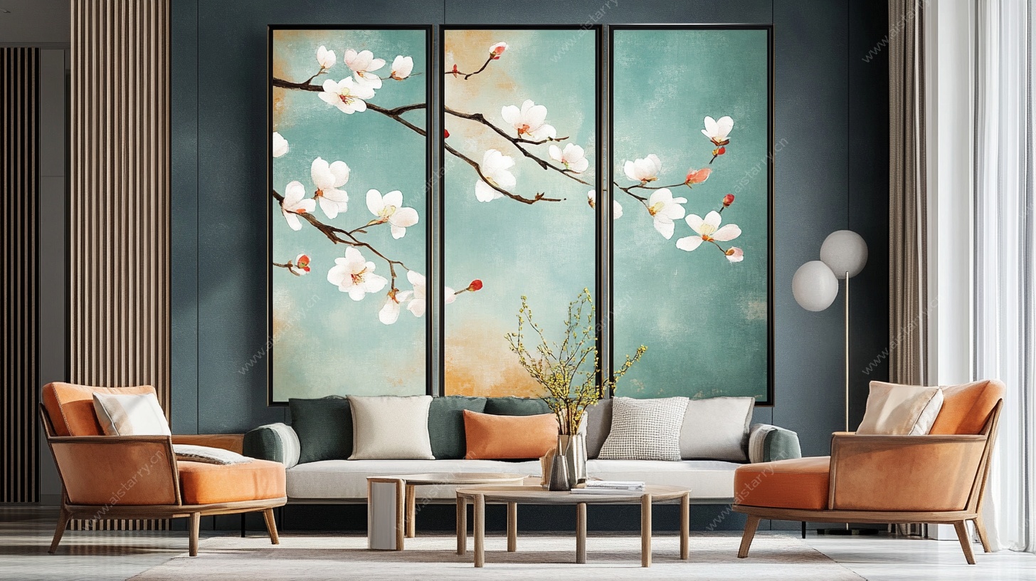 中式客厅三联花卉装饰画