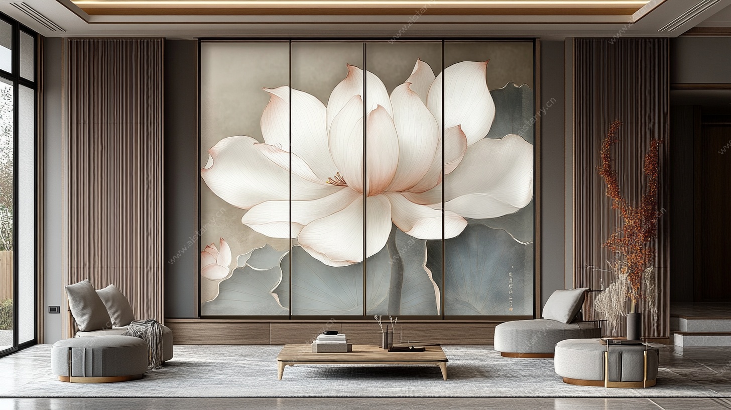 中式客厅巨幅荷花装饰画