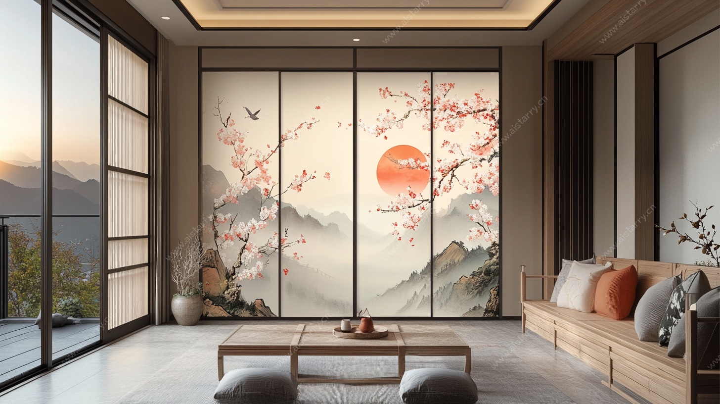 中式客厅之山水花鸟屏风