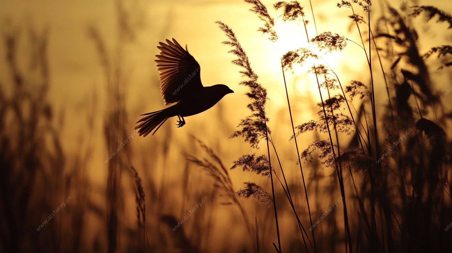 夕阳下飞鸟掠过芦苇丛
