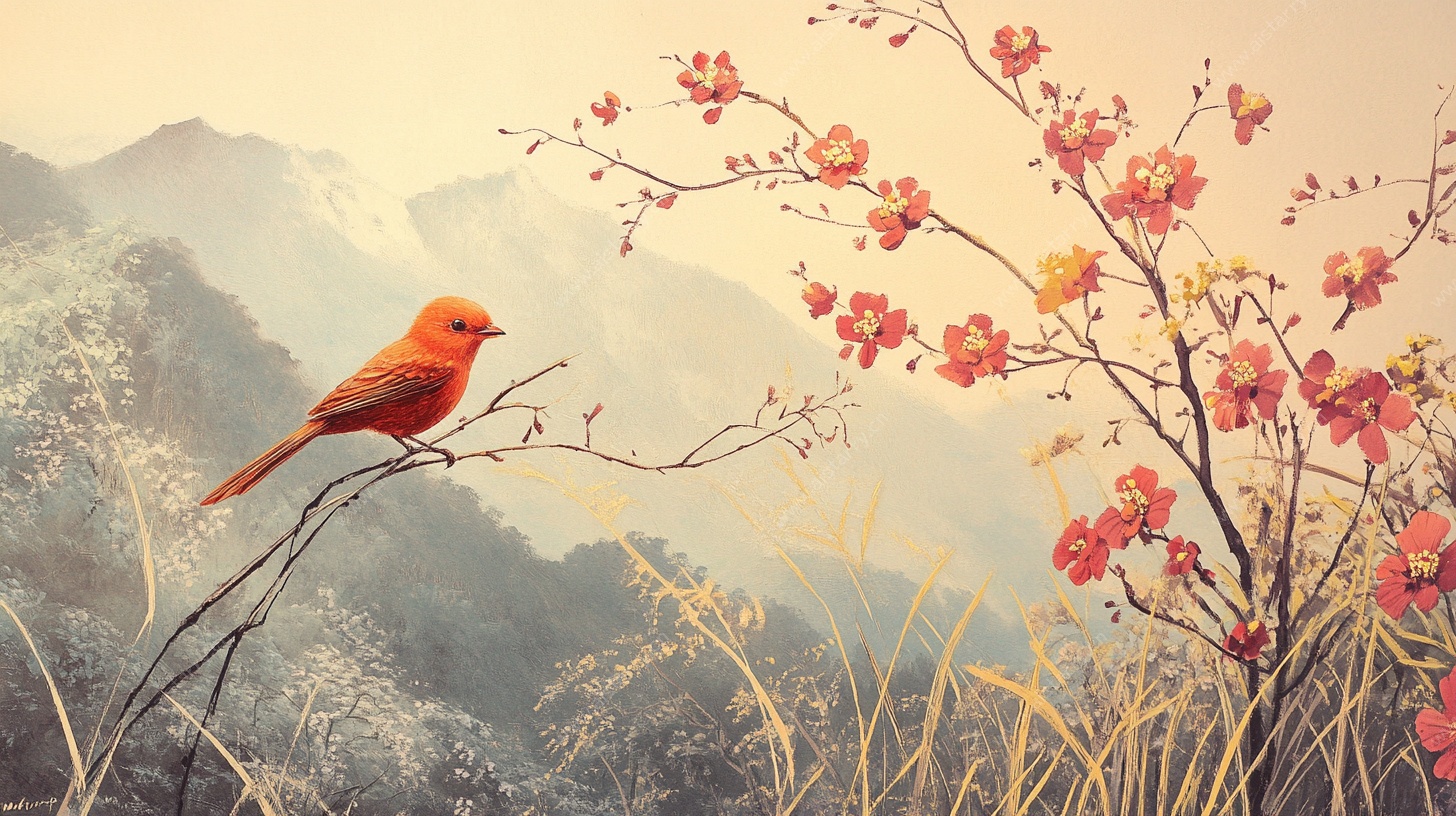 山间红鸟栖于繁花枝头