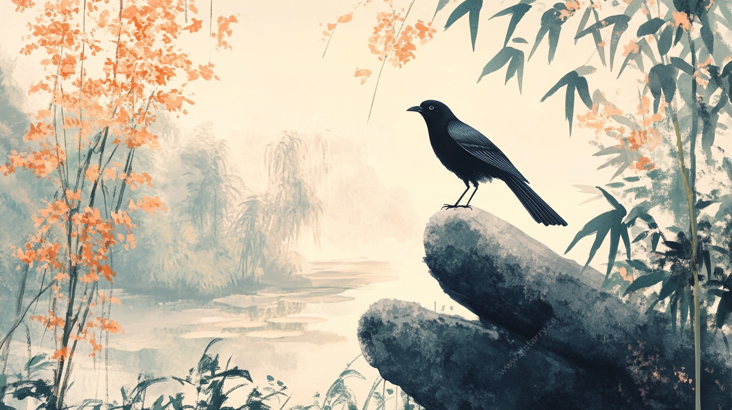 水墨画中独立枝头的黑鸟