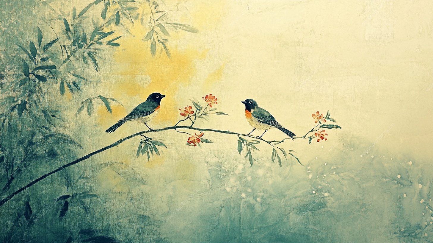 双鸟栖枝水墨画