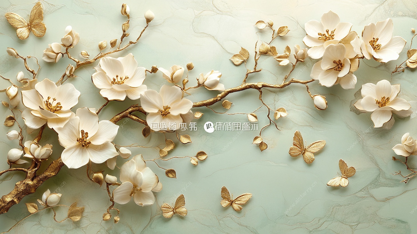 玉兰花枝与蝴蝶装饰画