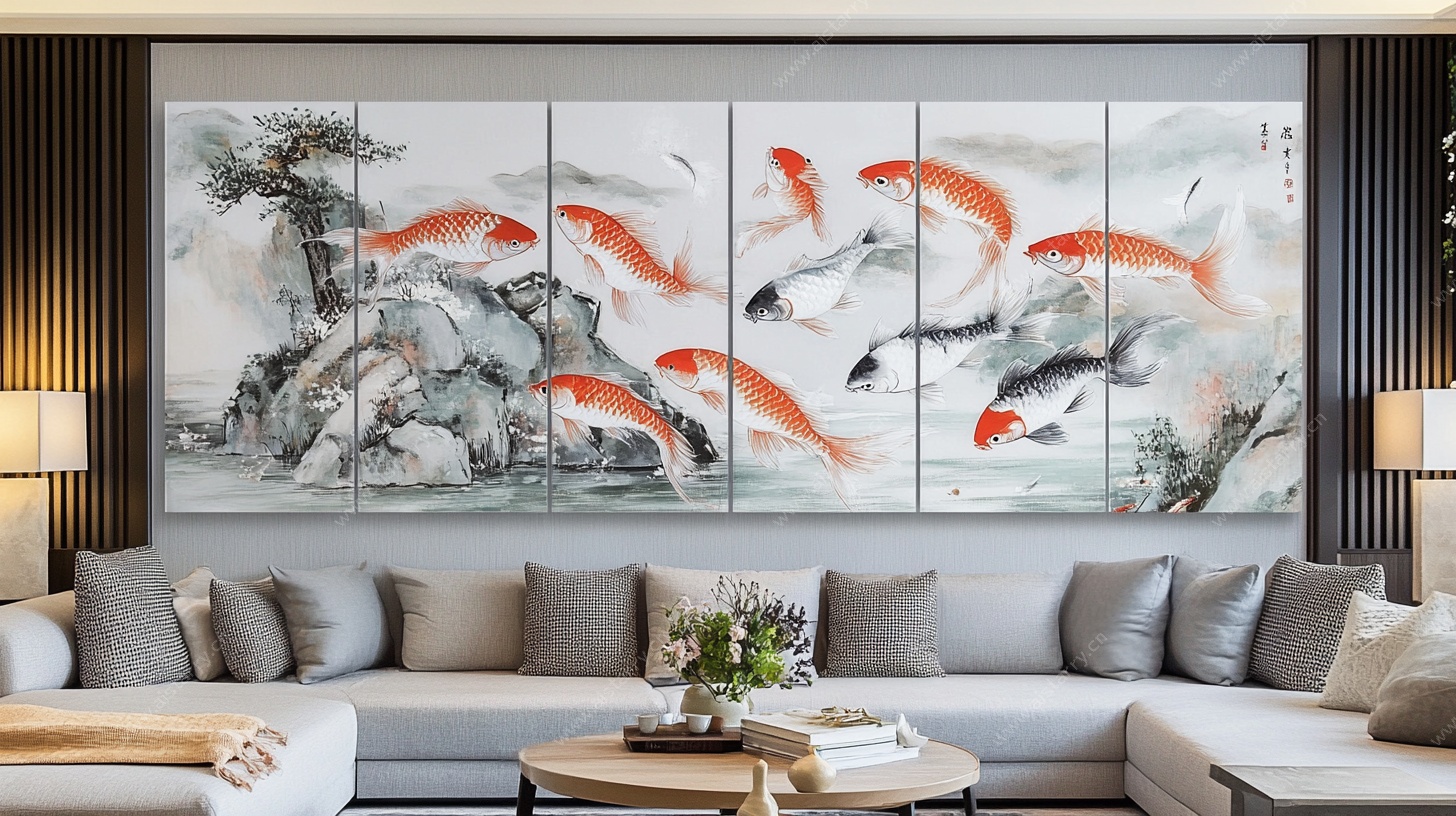 中式客厅九鱼图装饰画