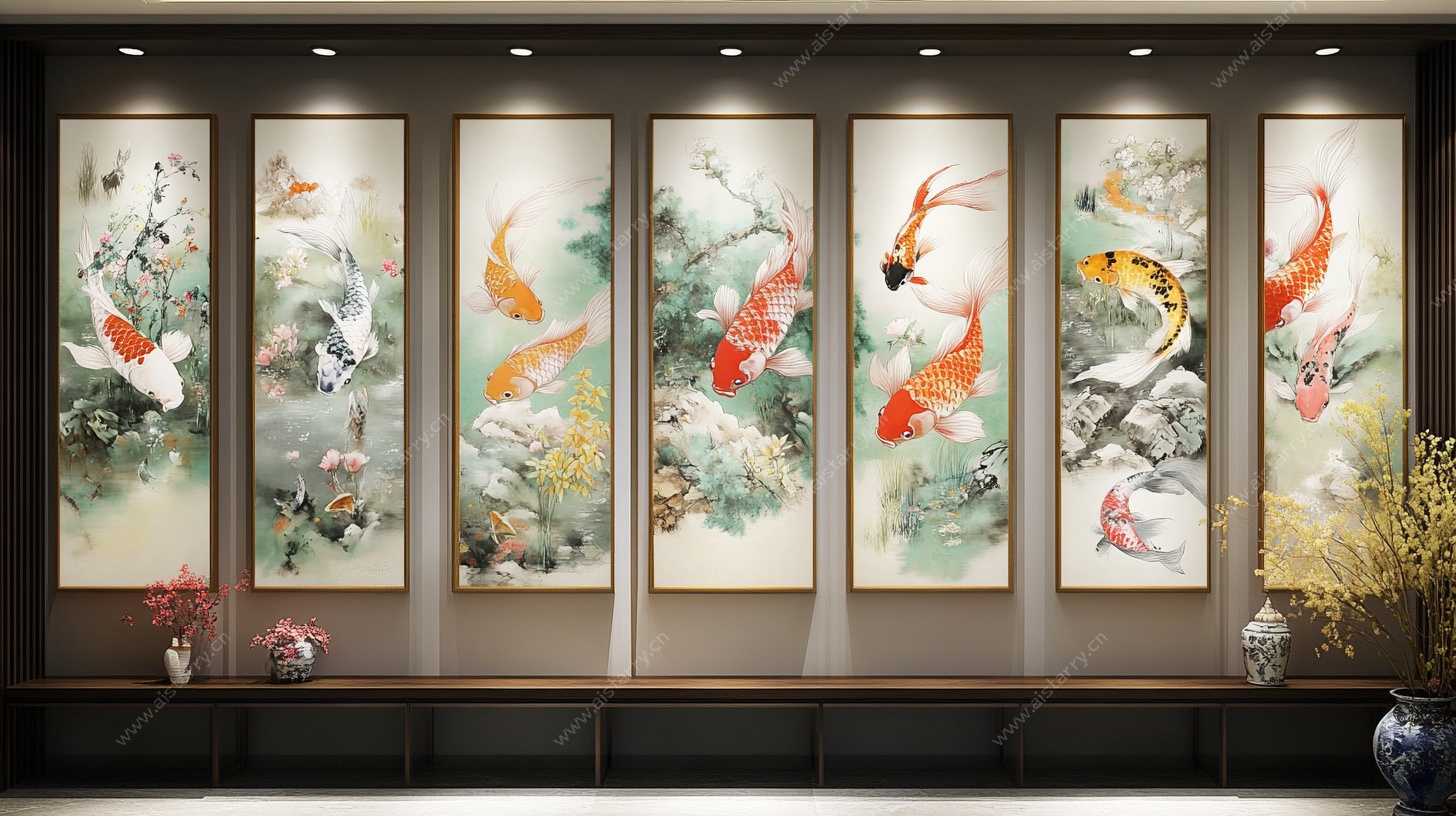 中式九鱼图挂画装饰