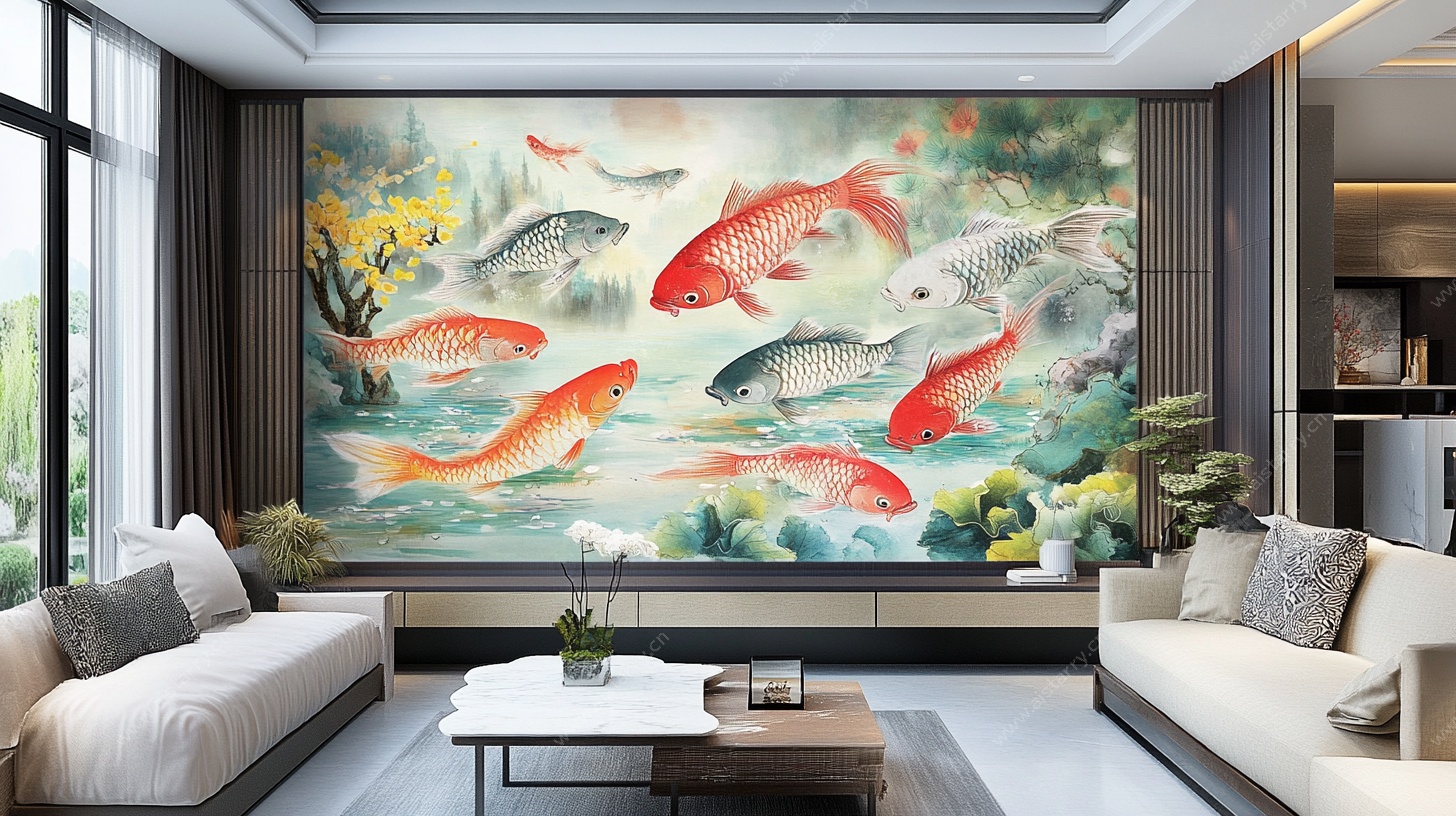 客厅中式九鱼图装饰画