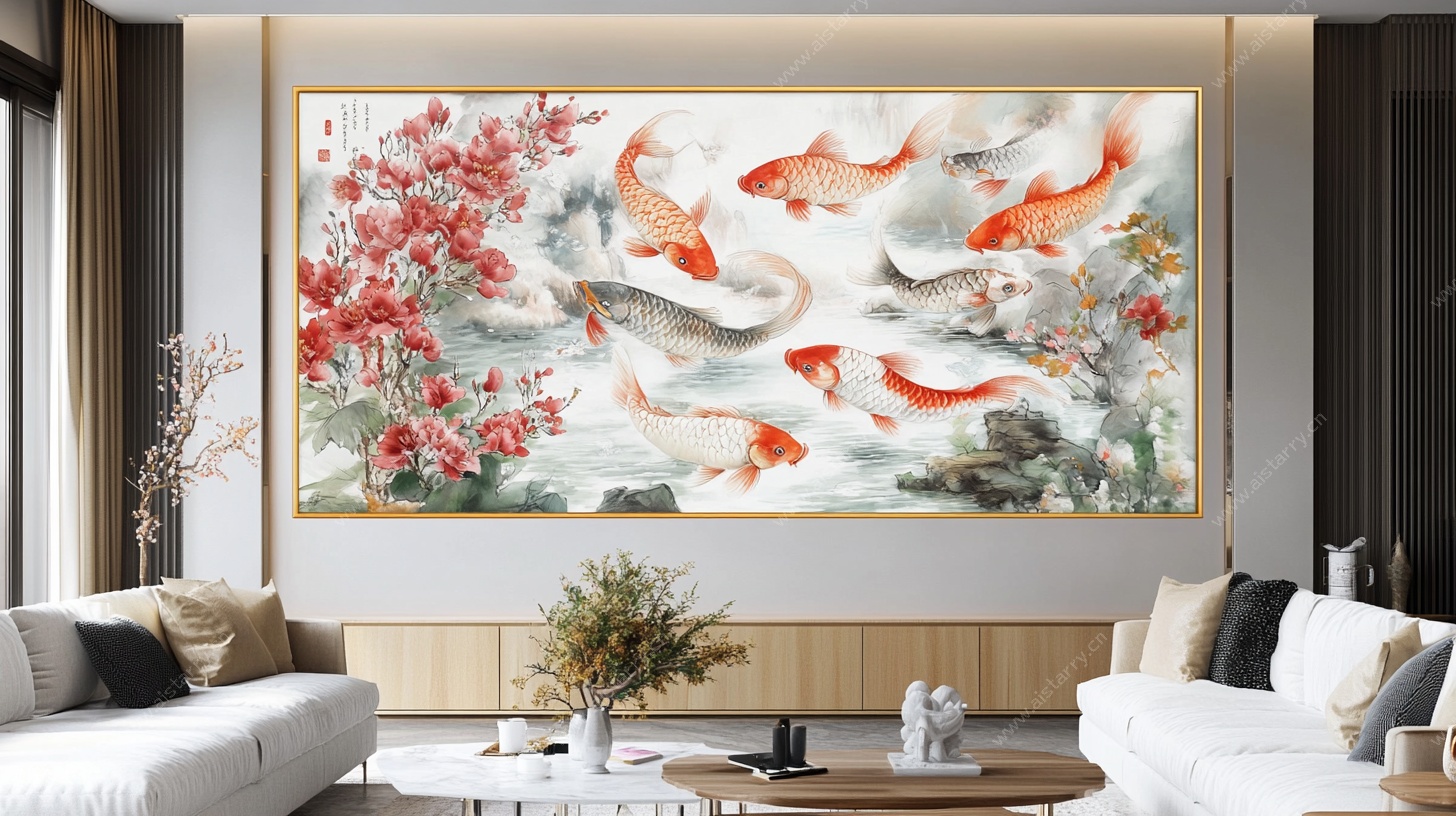 客厅中式锦鲤花卉挂画