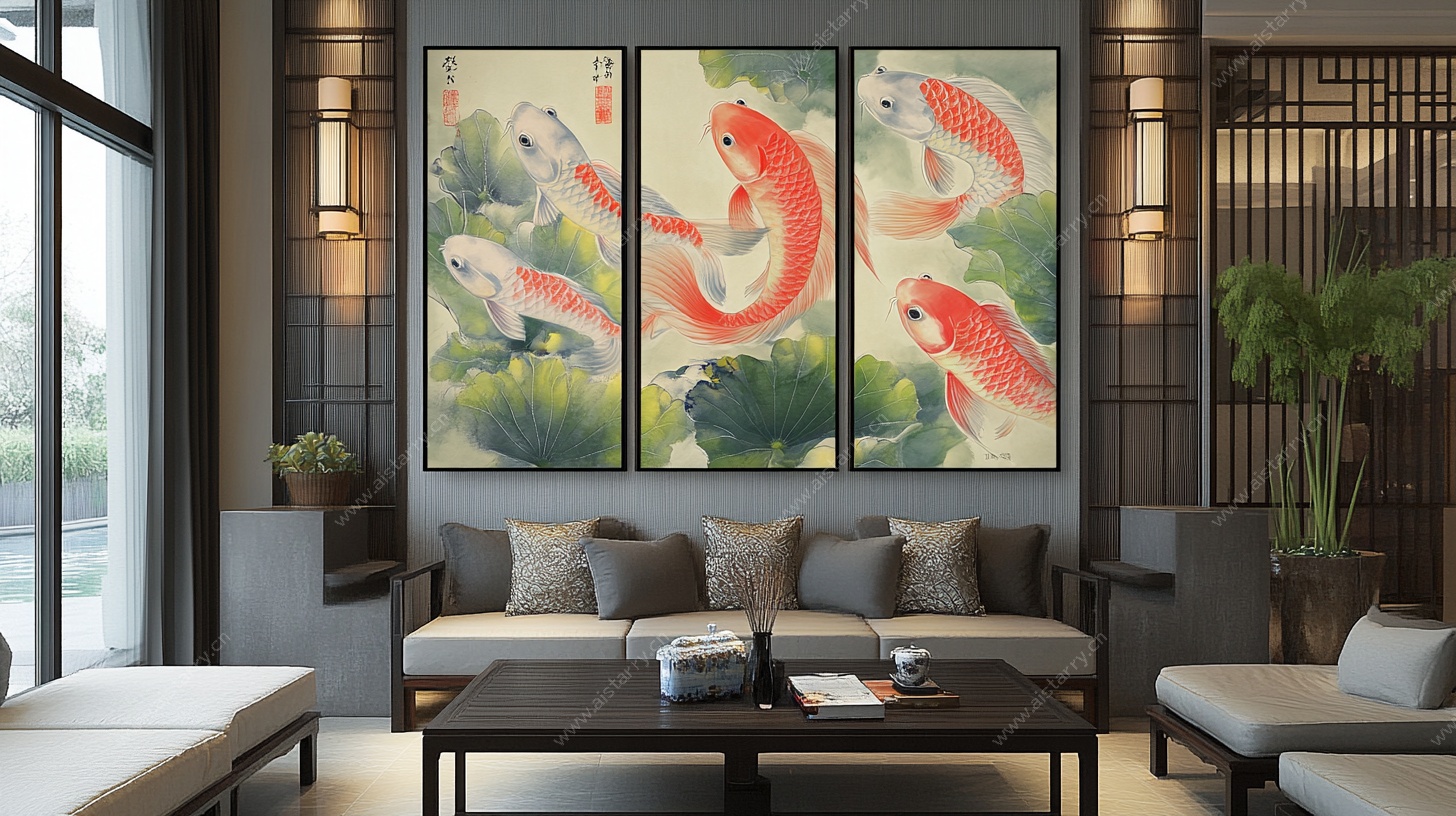 中式客厅锦鲤挂画装饰