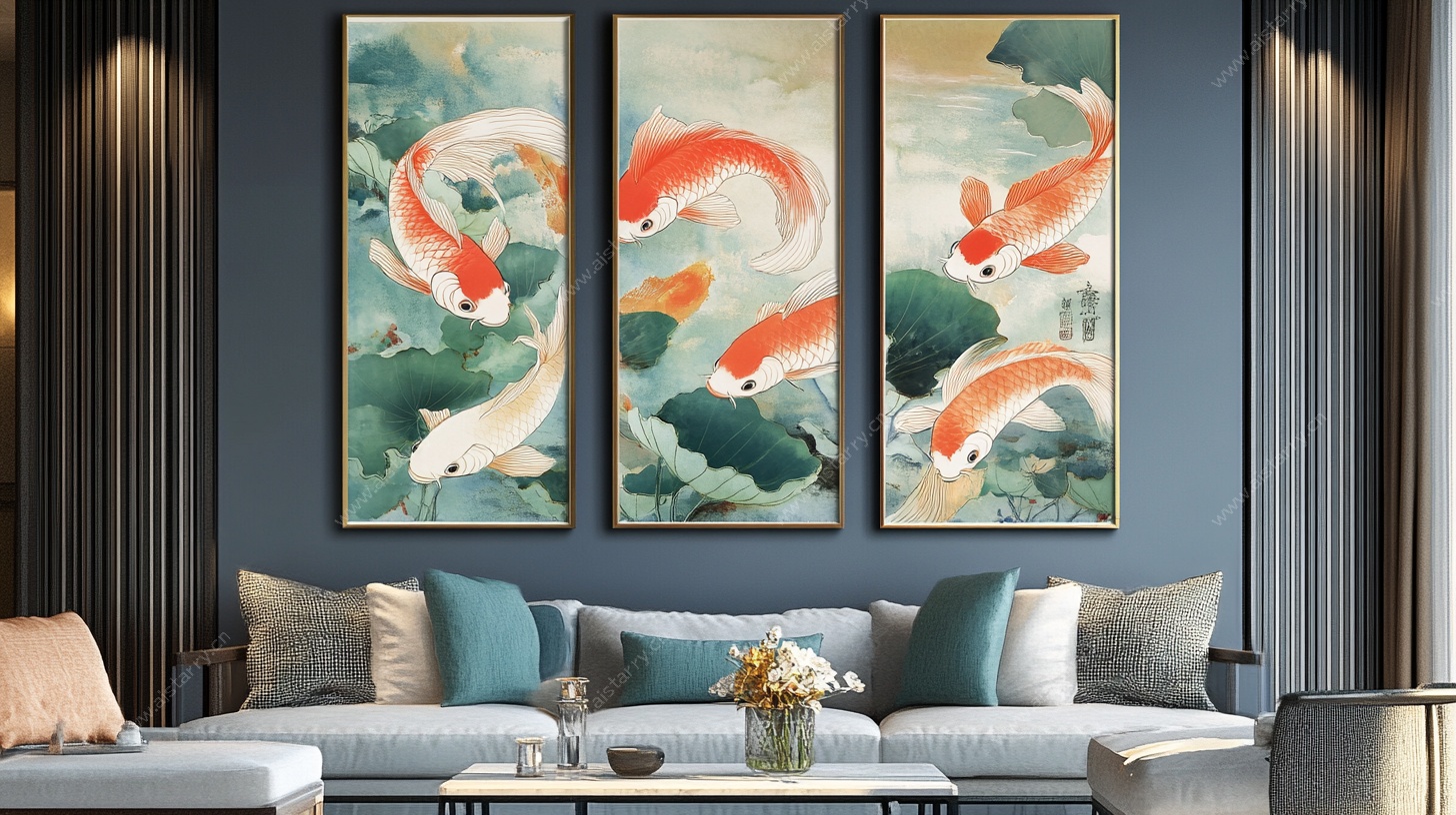三联锦鲤挂画饰客厅