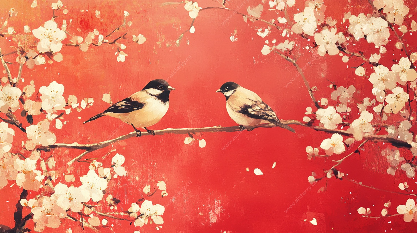 红底双鹊栖花图