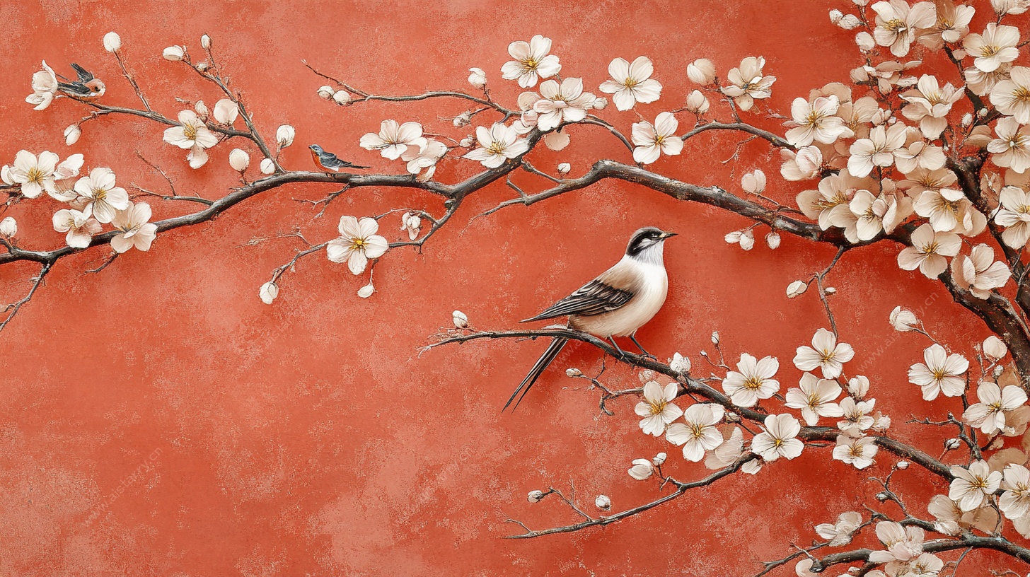 红墙花枝上的栖息小鸟