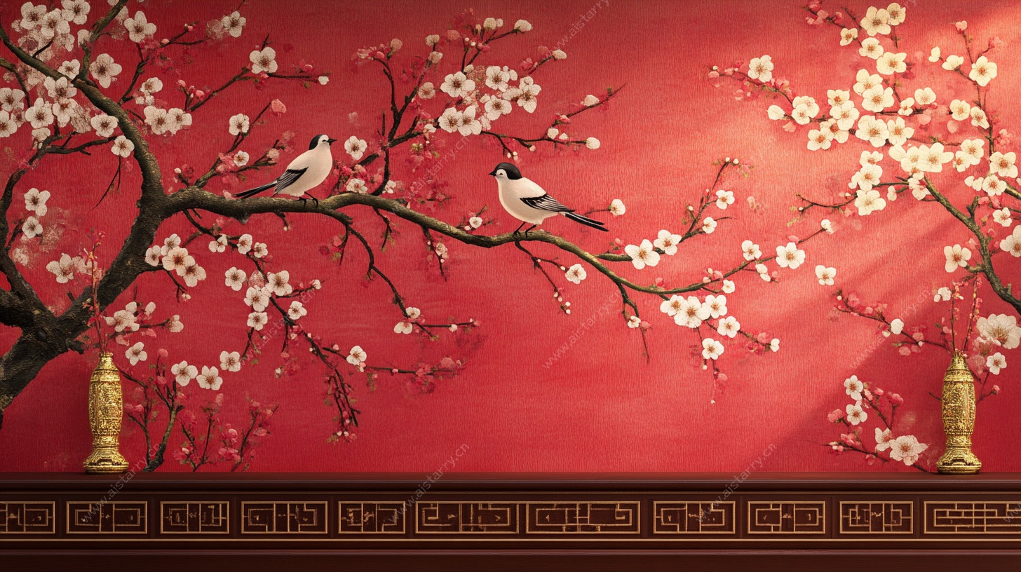 红梅栖鸟中式背景图