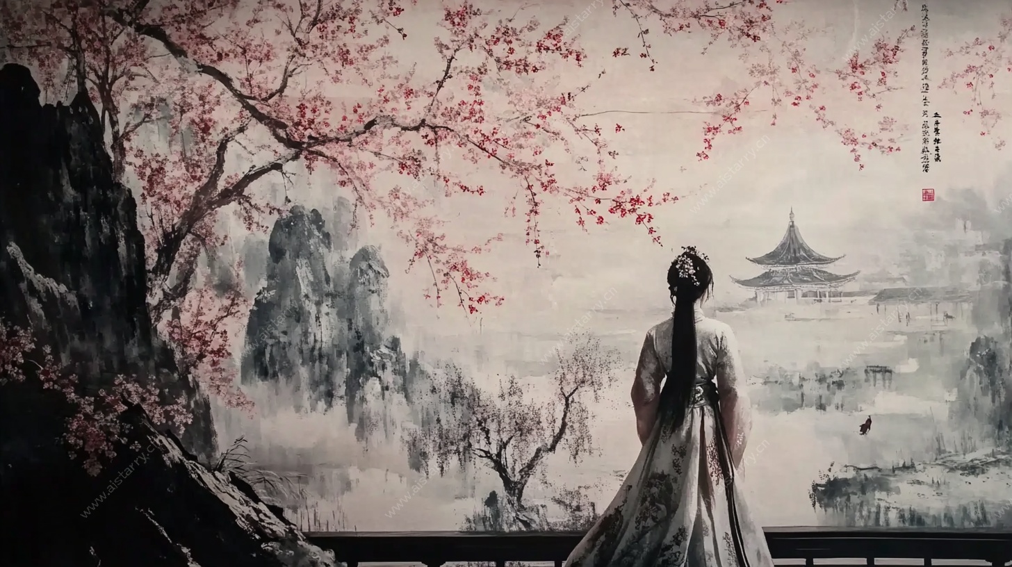 古风女子赏景背影图