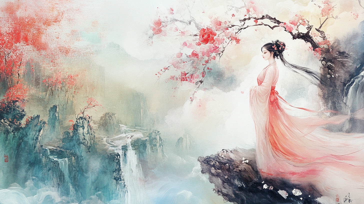 古风美人立于山水繁花间