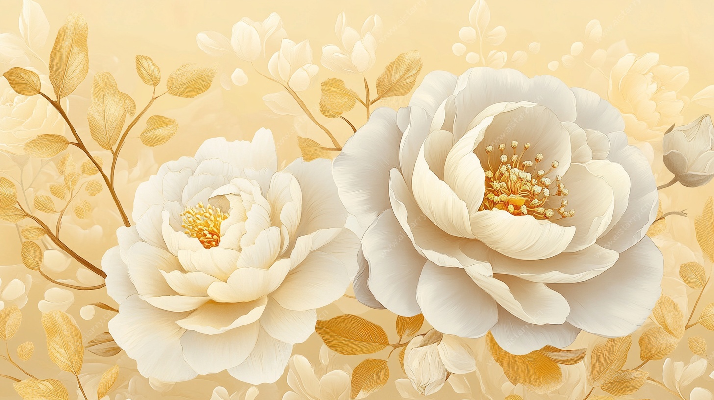 淡黄背景双生白牡丹花图