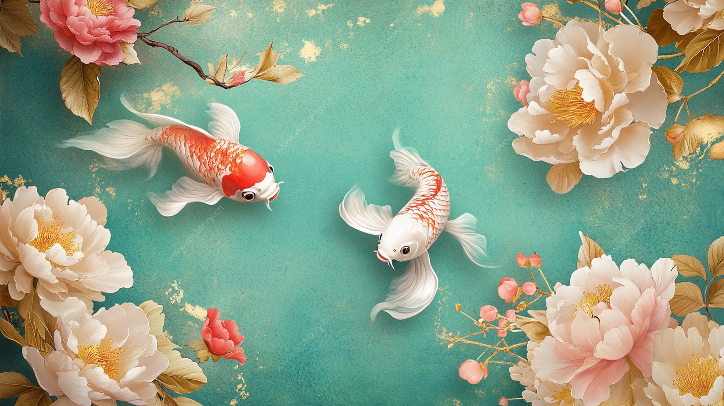 锦鲤戏牡丹中式风插画