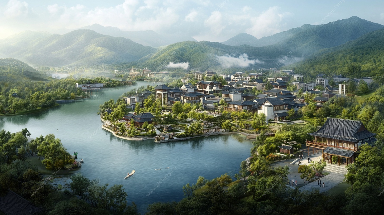 湖畔中式村落美景