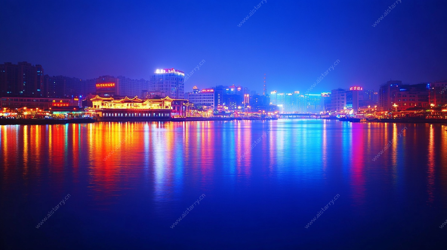 城市夜景湖面倒影