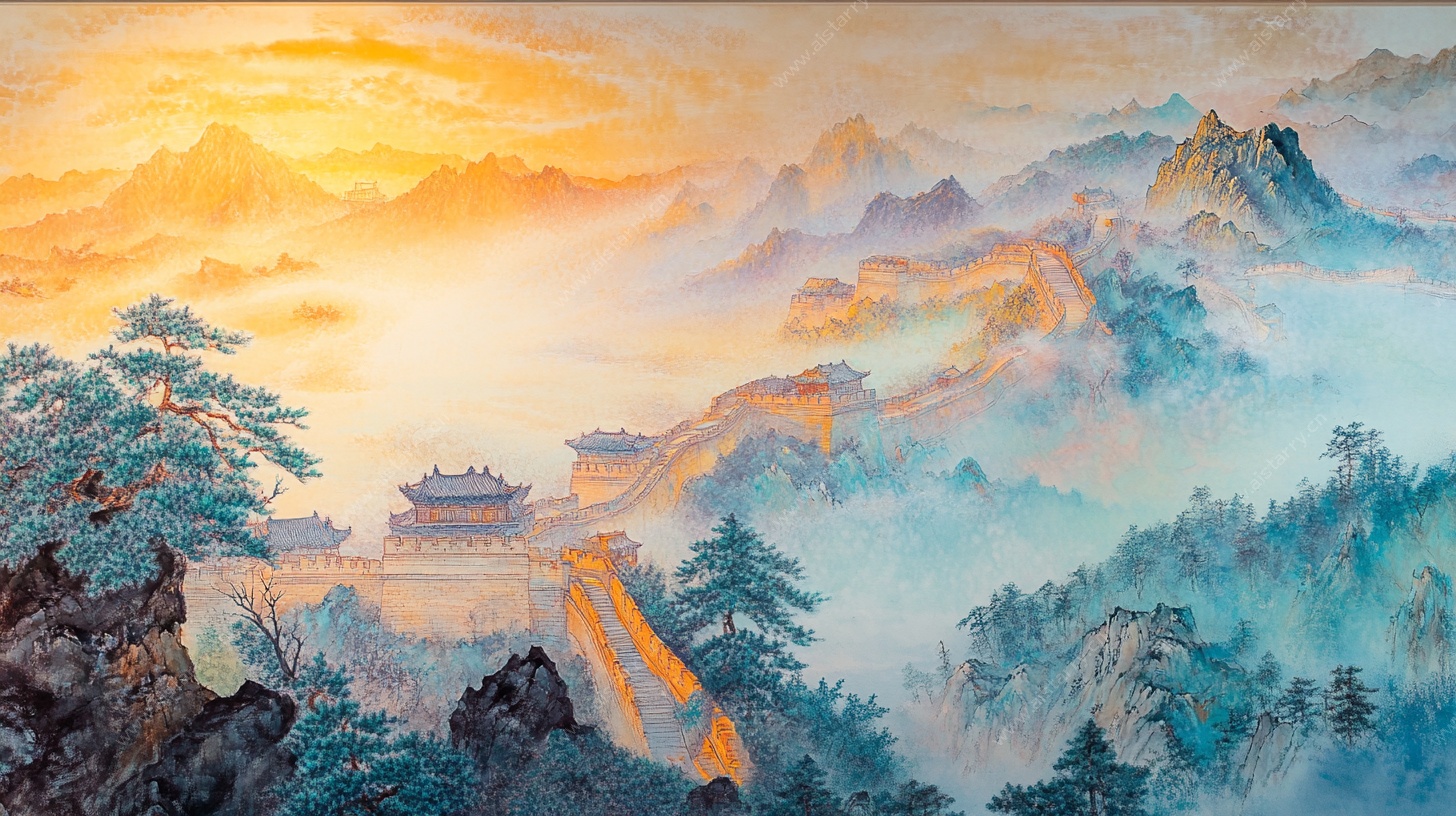 壮丽长城晨光山水图