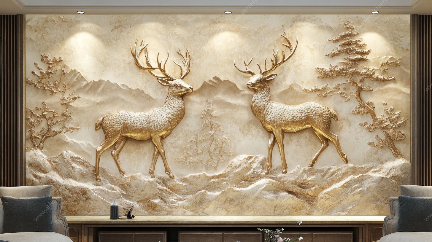 双鹿立体山水背景墙